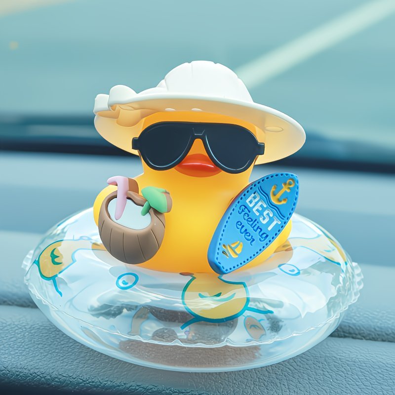 1pc Décoration de Tableau de Bord de Canard de Plage Tropicale - Avec Lunettes Élégantes, Base Antidérapante et Coussin Adhésif, Canard Jaune Mignon dans un Anneau Flottant de Noix de Coco