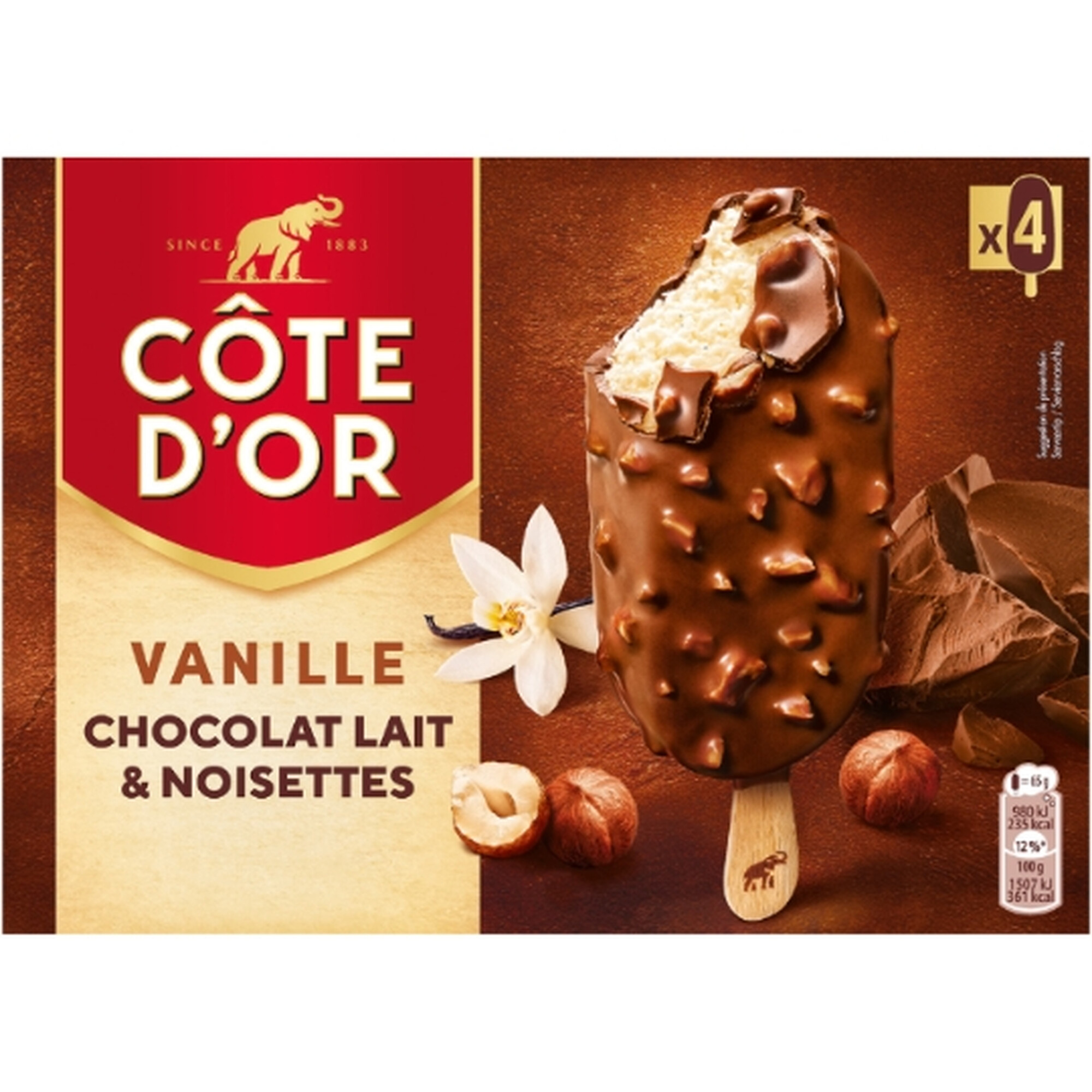 Côte D'or Barras de Helado Vainilla Chocolate Leche Avellana 4 barras 260g